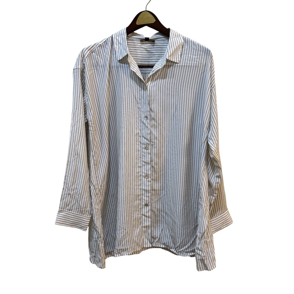 Eileen Fisher Silk Crepe‎ de Chine Striped Swing Shirt Size Small